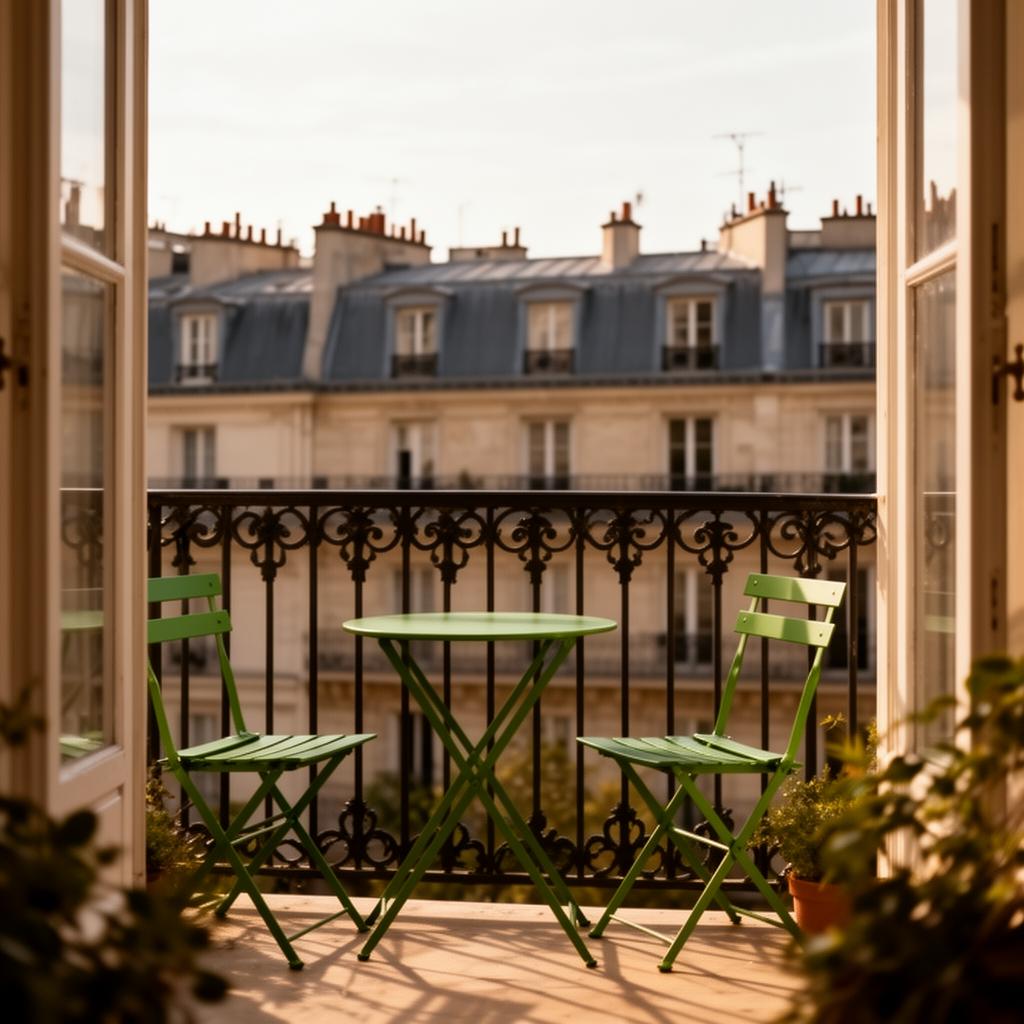 Chairs on a Parisian balcony with rooftops in the background